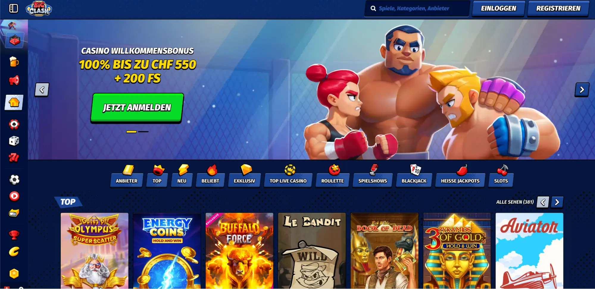 BigClash Casino Startseite mit Cartoon Kämpfern